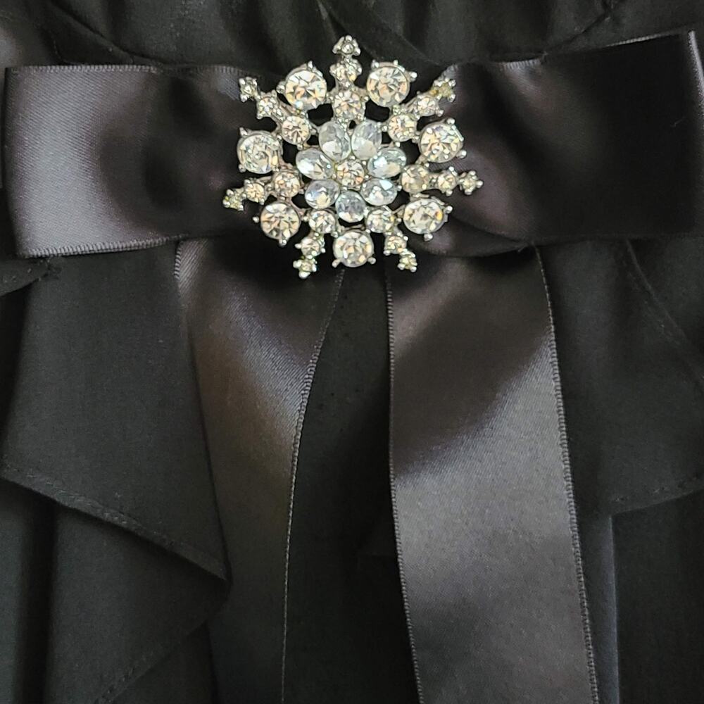 Adrianna Papell Black Halter Ruffle Midi Dress with Rhinestone Brooch - Picture 3 of 11